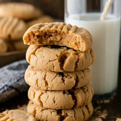 Delicious peanut butter cookies stacked on a table.