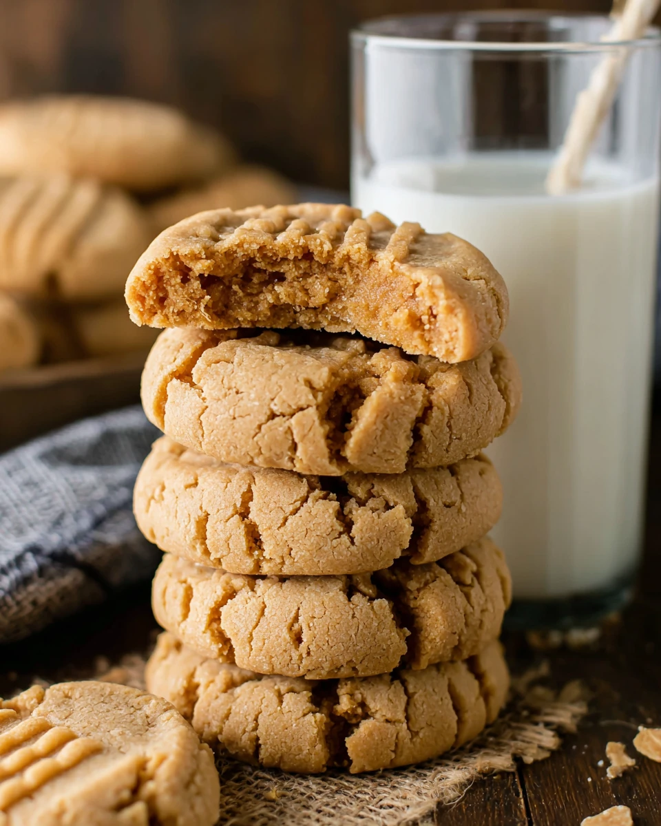 Delicious peanut butter cookies stacked on a table.