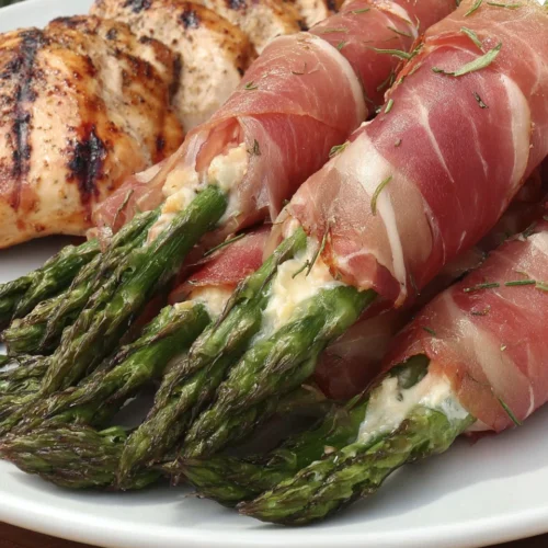 Savory prosciutto asparagus wrapped with cheese for a delightful snack.
