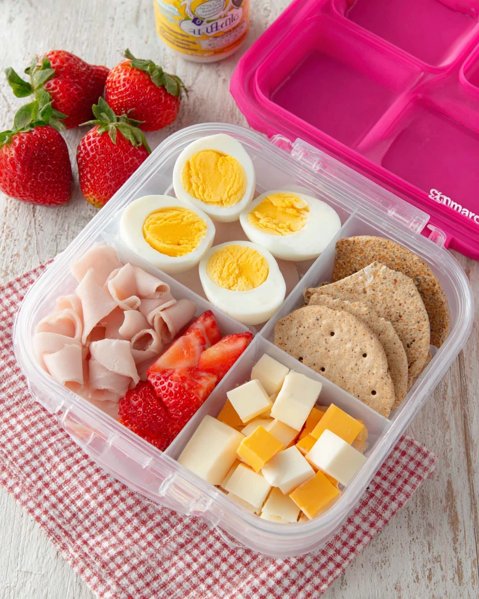 Protein lunchables featuring eggs, turkey, cheese, crackers, and strawberries.