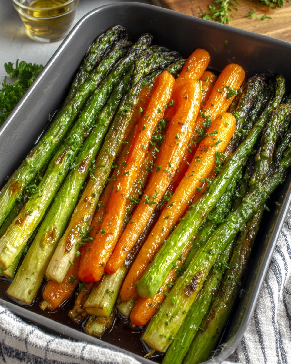 Flavorful roasted vegetables including asparagus and carrots
