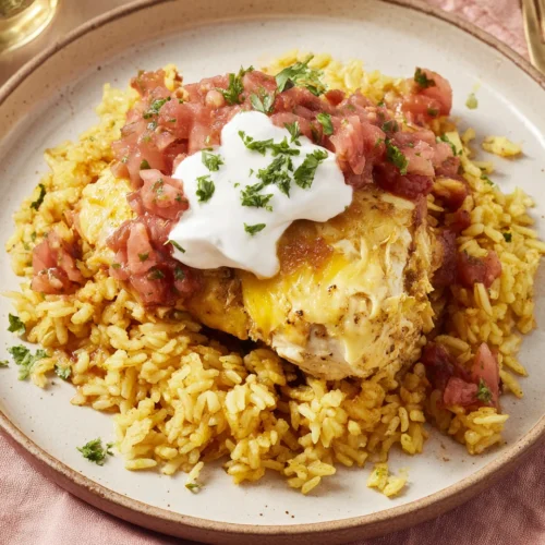 Delicious salsa chicken served with rice, topped with sour cream.
