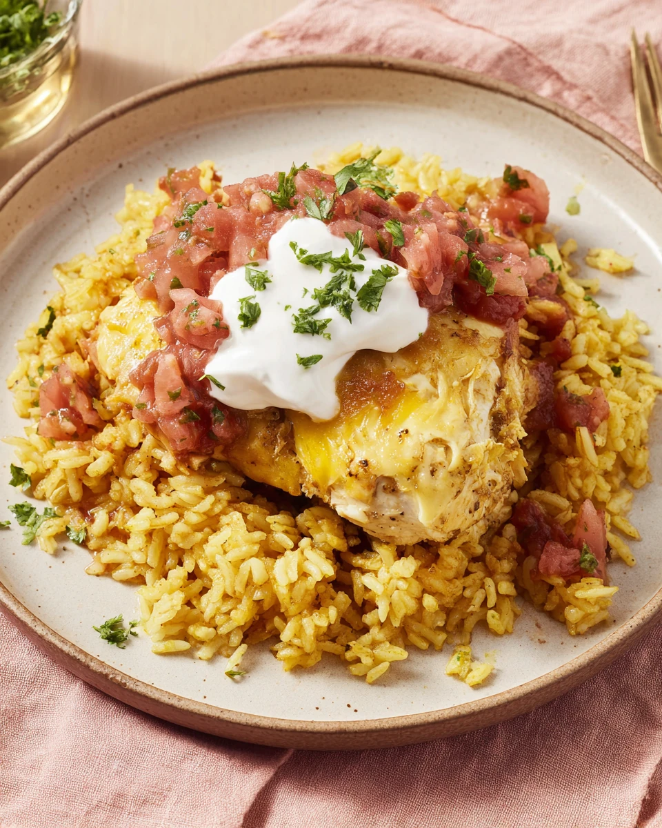 Delicious salsa chicken served with rice, topped with sour cream.