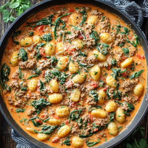 Creamy sausage gnocchi with spinach in a skillet.