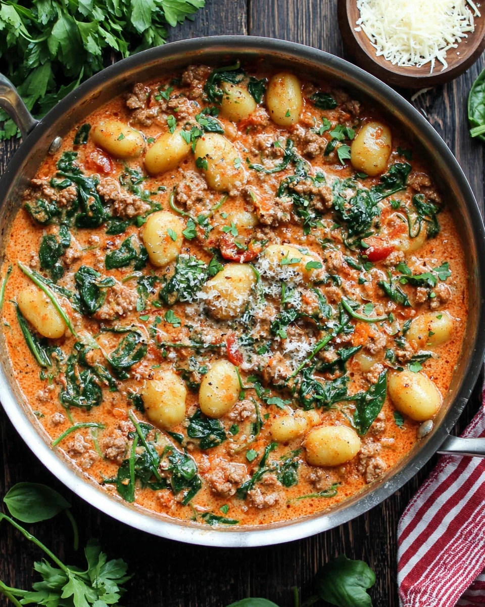 Creamy sausage gnocchi with spinach and sauce, perfect weeknight dinner.