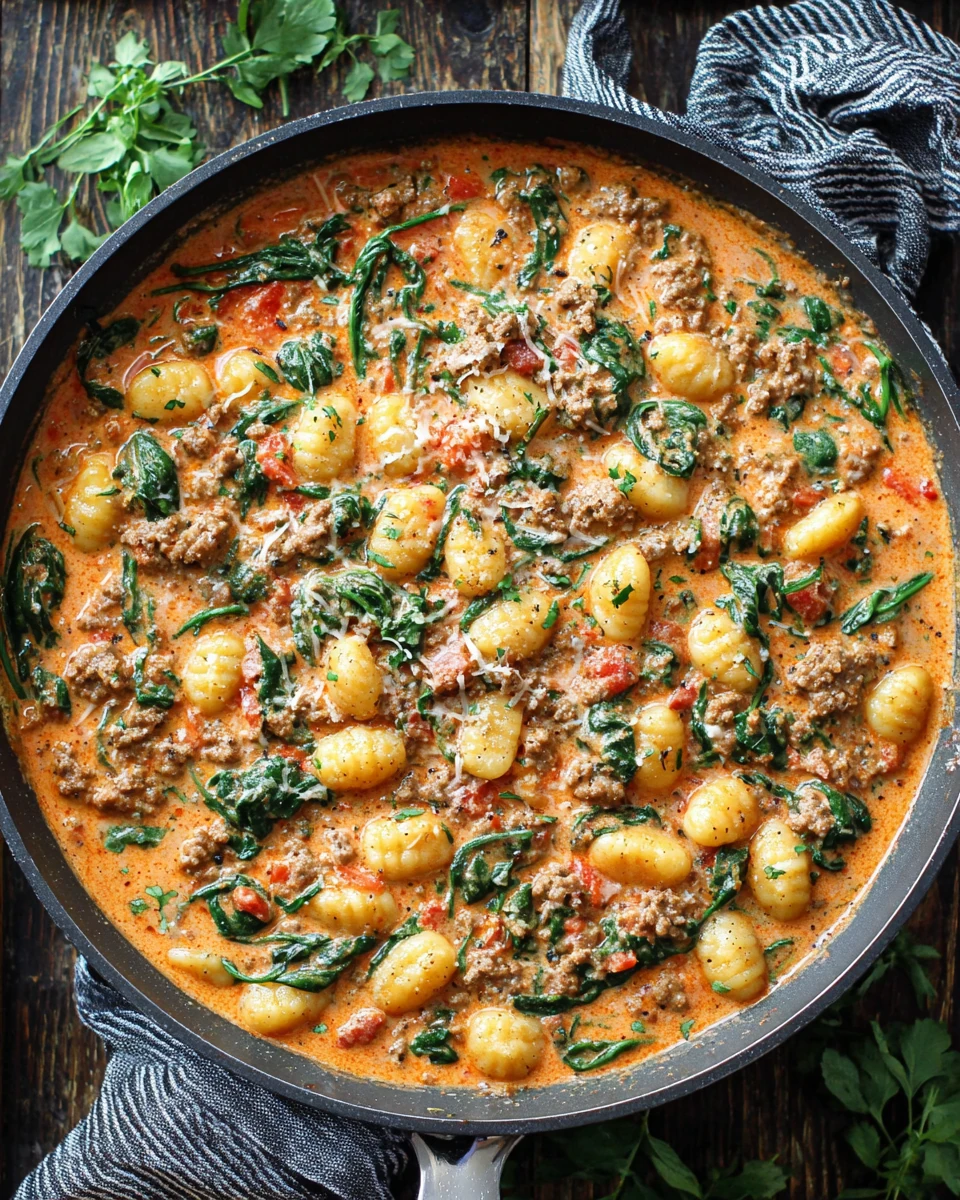 Creamy sausage gnocchi with spinach in a skillet.
