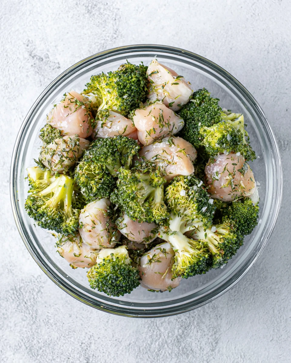 Marinated chicken and broccoli for sheet pan chicken recipe.