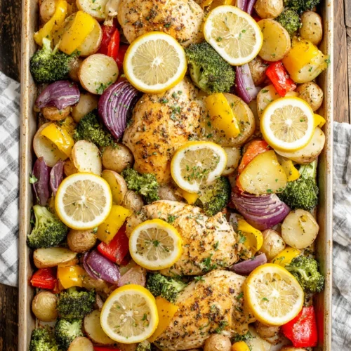 Delicious sheet pan chicken with crispy potatoes and vegetables.