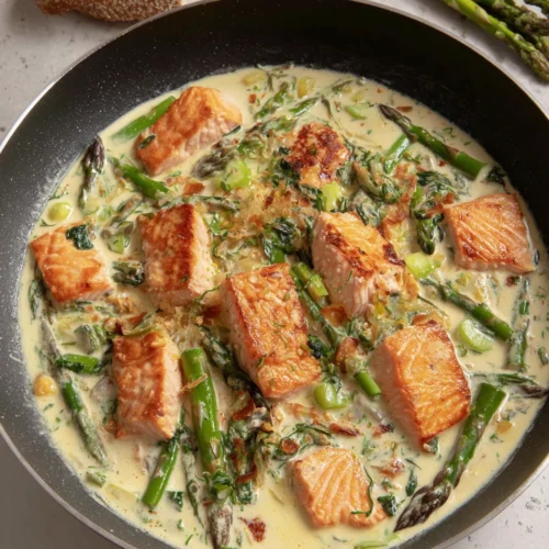Delicious spring salmon dish with asparagus and creamy sauce