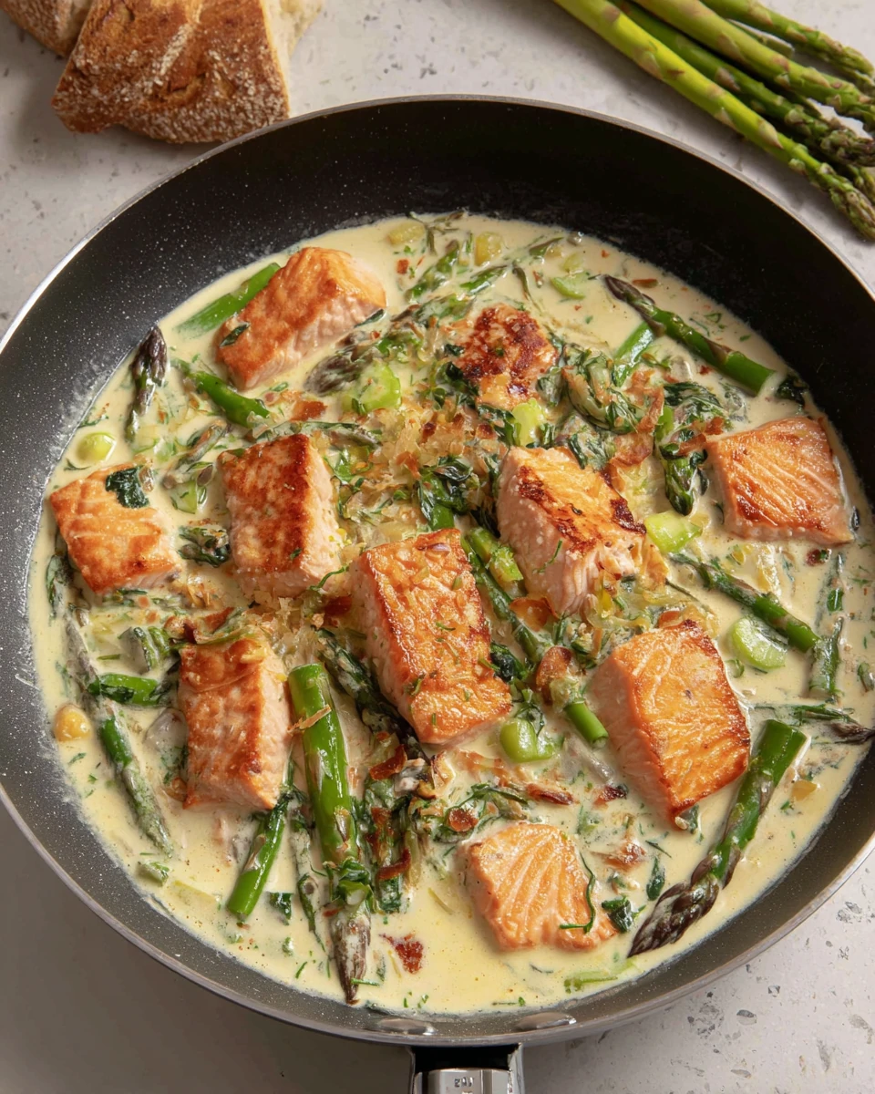 Delicious spring salmon dish with asparagus and creamy sauce