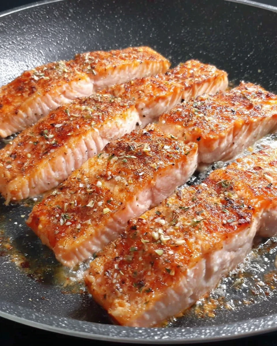 Spring salmon fillets being cooked with spices in a pan