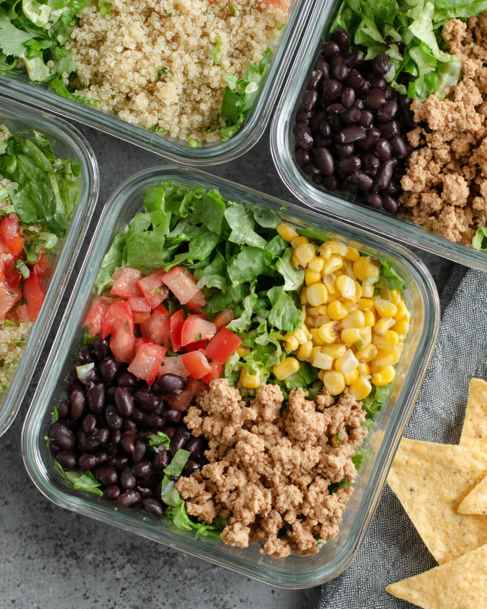 Healthy turkey taco meal prep with quinoa and ground turkey.