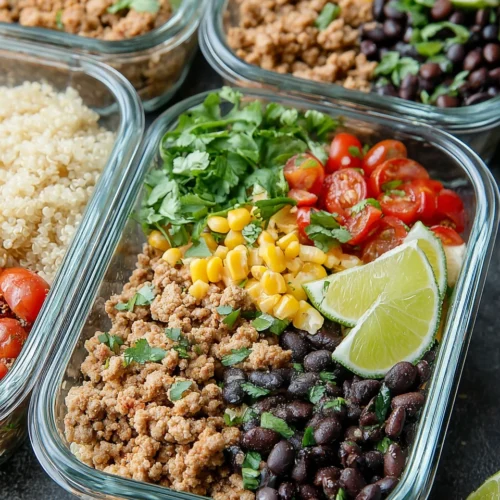 Healthy turkey taco meal prep with quinoa and fresh toppings.