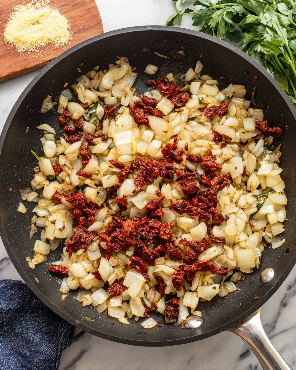 Savory Tuscan White Bean Skillet Preparation Tuscan white bean skillet ingredients being sautéed.