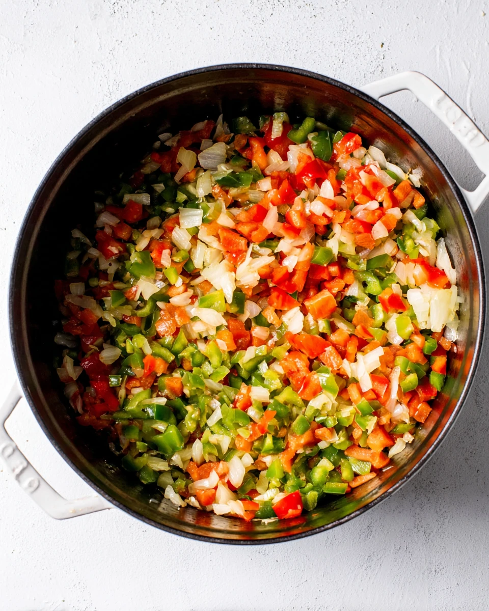 Hearty vegetarian chili ingredients in a pot.