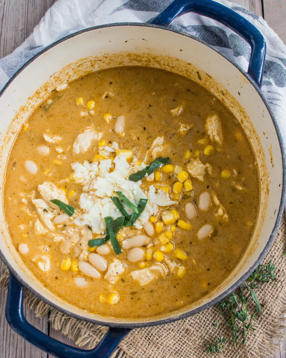 Delicious white chicken chili cooking in a pot.