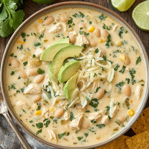 Delicious white chicken chili with fresh toppings.