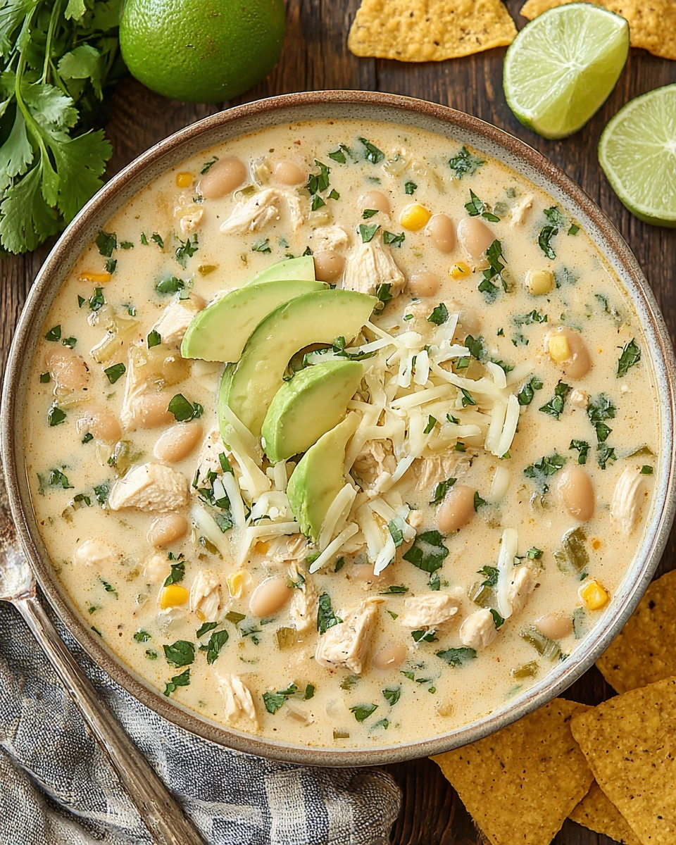 Delicious white chicken chili with fresh toppings.