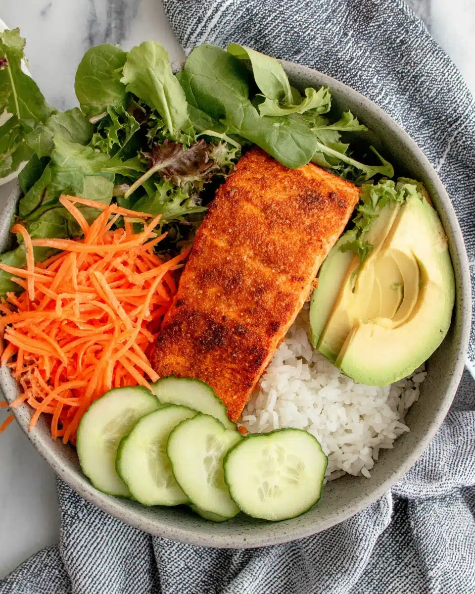 Delicious air fryer frozen salmon meal with veggies and rice.