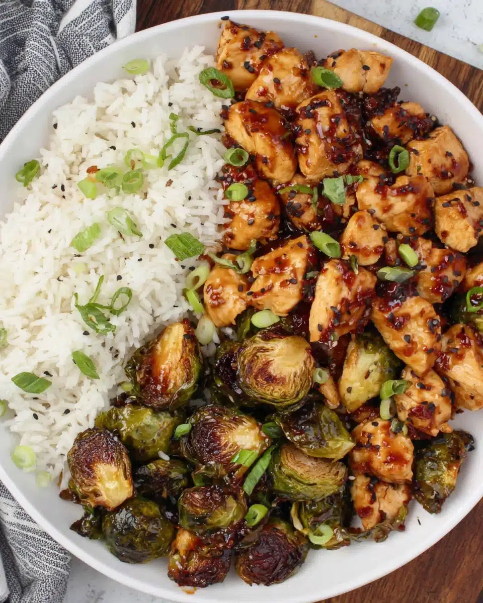 Quick air fryer sweet chili chicken and Brussels sprouts dinner.