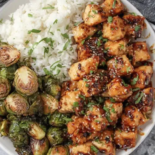 Air fryer sweet chili chicken with Brussels sprouts and rice dish