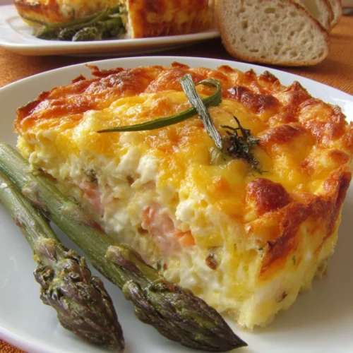 Savory asparagus bake with cheese, perfect for family dinners.