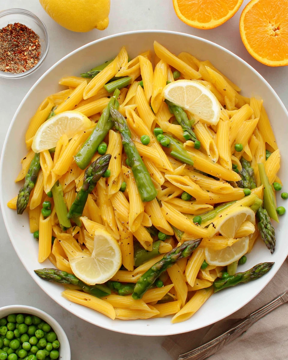 Asparagus pasta ingredients including penne, peas, and lemon.