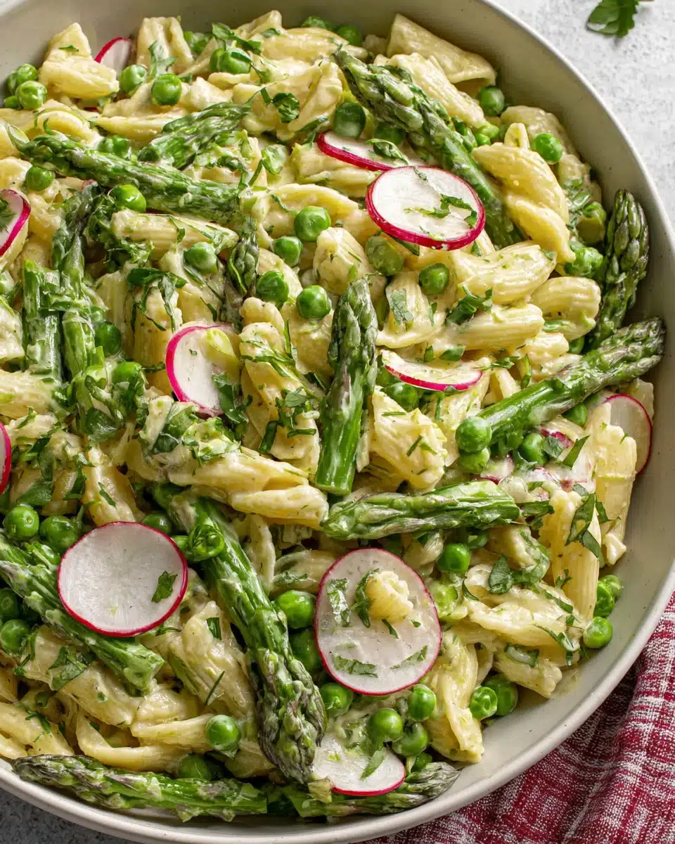 Creamy Asparagus Pasta Salad Recipe Asparagus pasta salad with creamy dressing and fresh veggies.