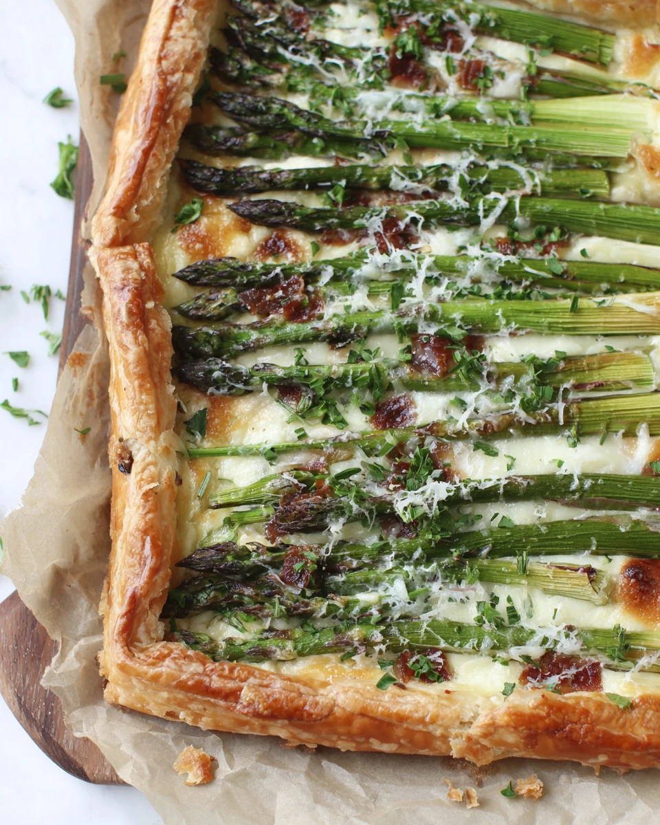 Asparagus tart with flaky pastry and cheese, a savory delight.