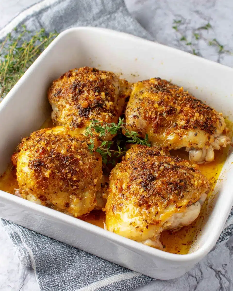 Juicy baked chicken thighs served in a white dish.