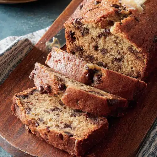 Delicious banana chocolate chip bread with melted butter.