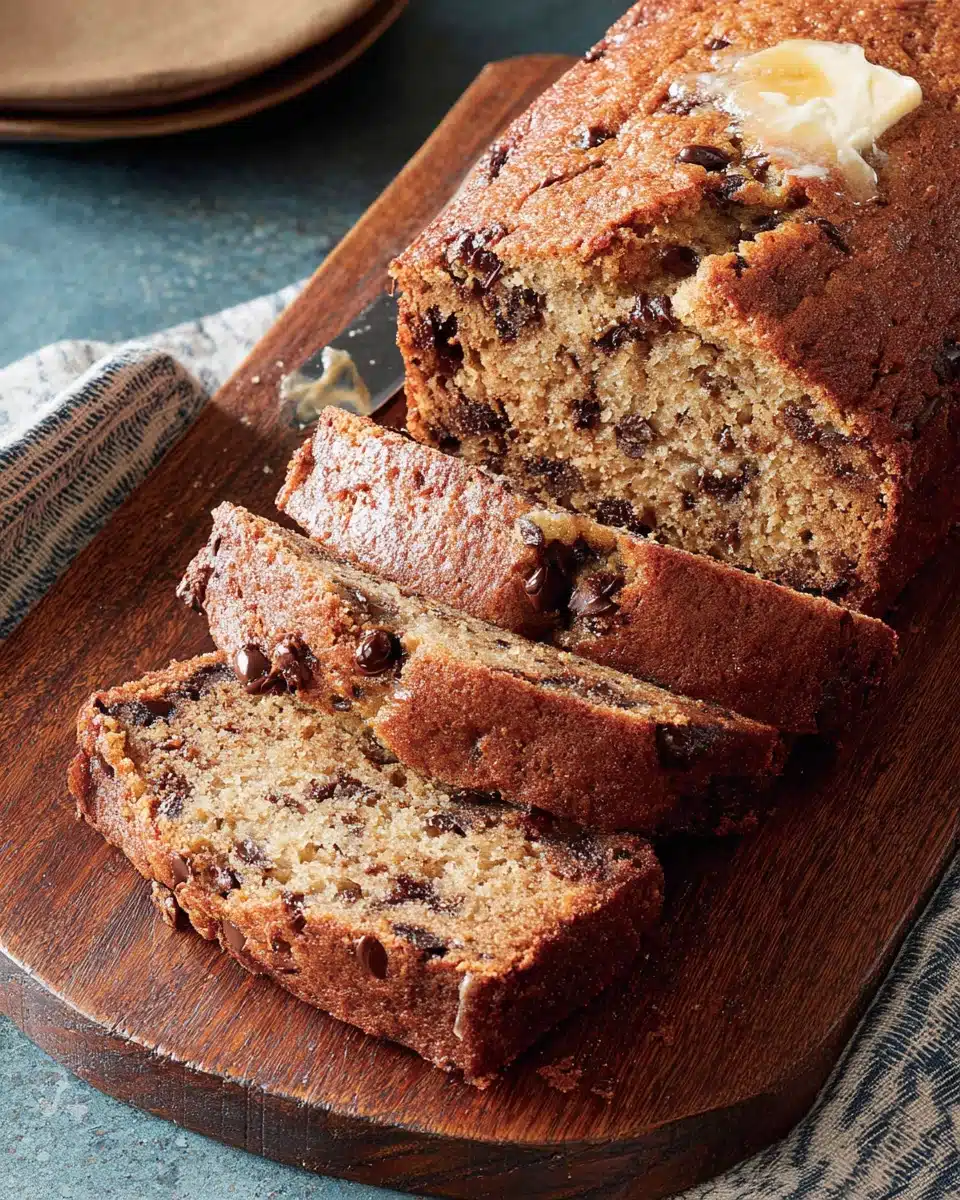 Delicious banana chocolate chip bread with melted butter.