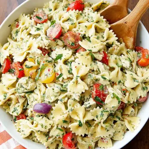 Delicious basil pasta salad with fresh ingredients.