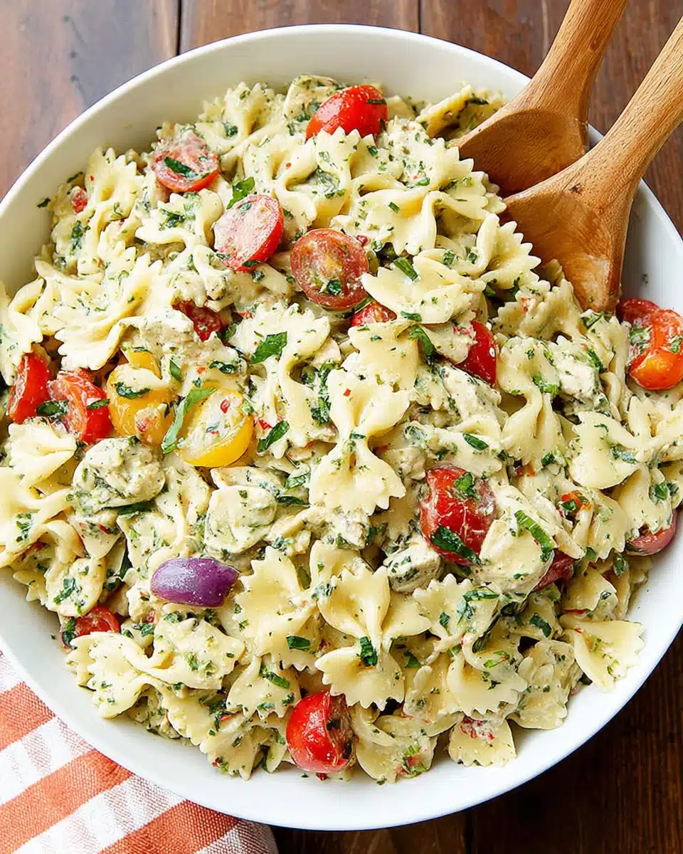 Delicious basil pasta salad with fresh ingredients.