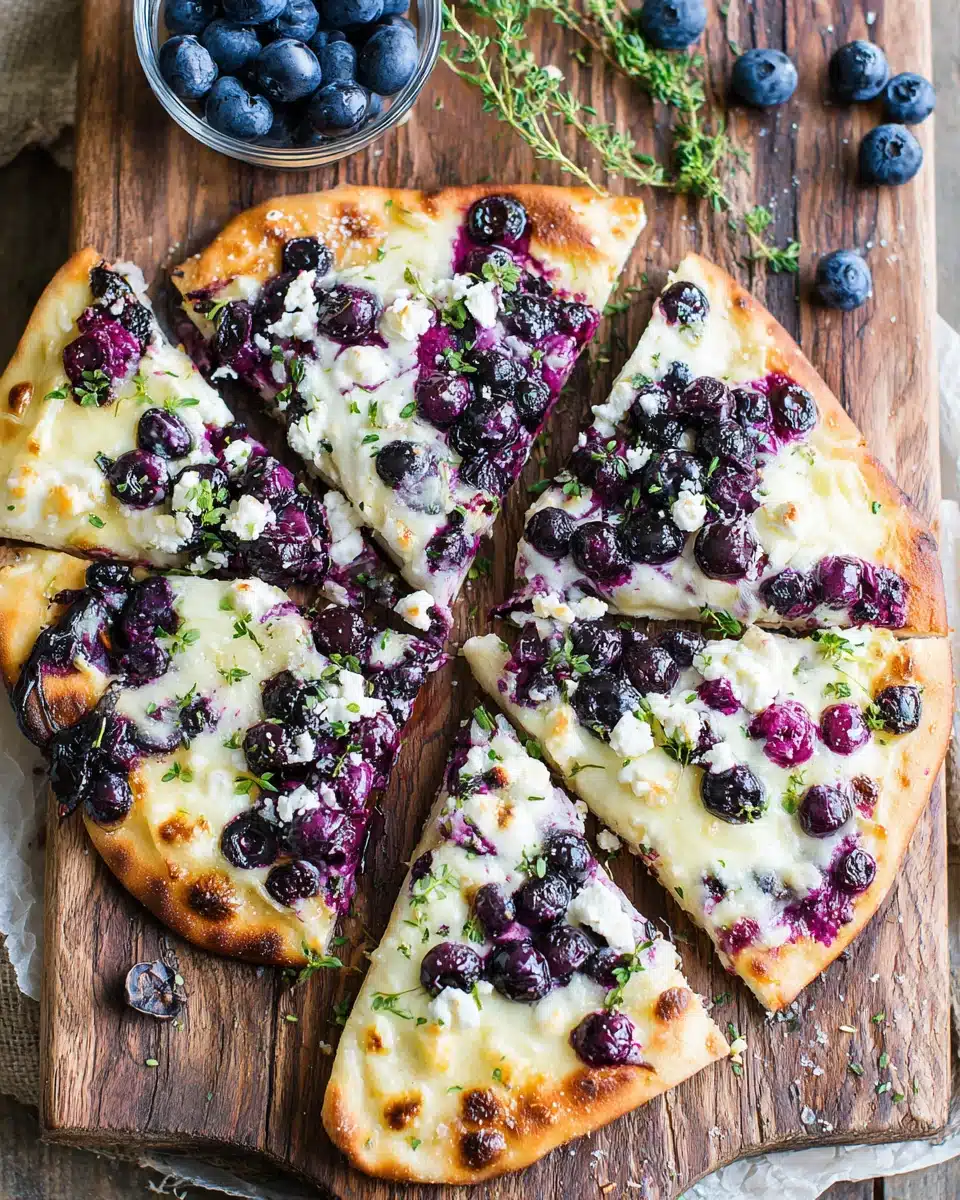 Blueberry pizza dessert featuring naan, cheeses, and blueberries.