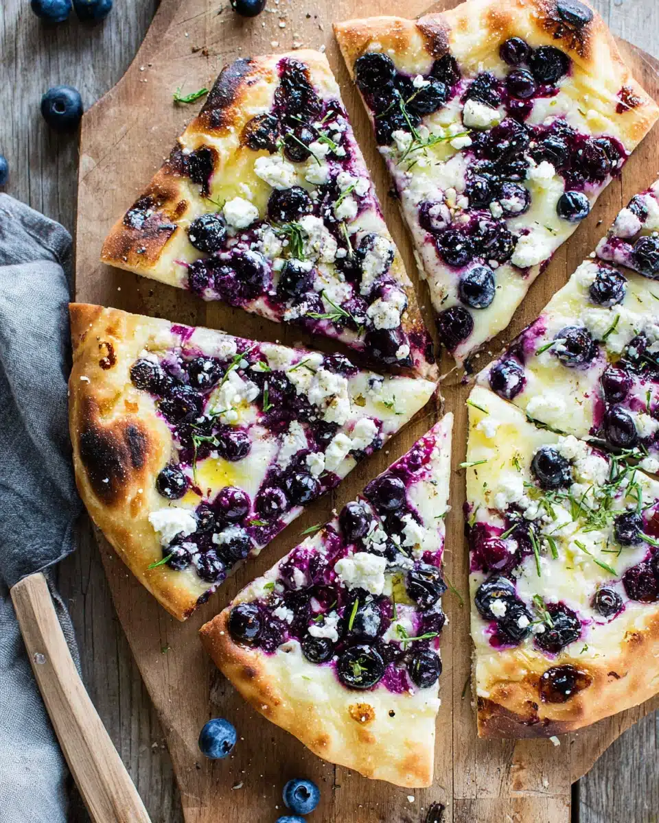 Blueberry pizza dessert with naan, ricotta, and blueberries.
