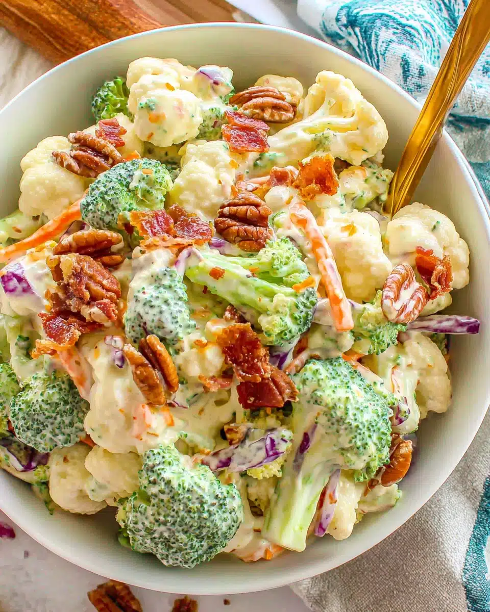 Delicious Broccoli Cauliflower Salad with Bacon Broccoli cauliflower salad with bacon, a crunchy delight.