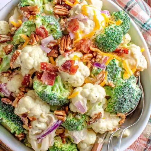 Broccoli Cauliflower Salad with Bacon: A Crunchy Delight 1 Broccoli cauliflower salad with bacon is a creamy delight.