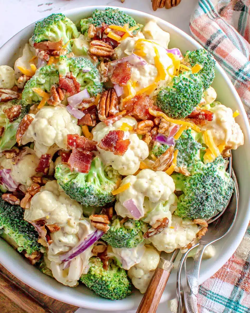 Delicious Broccoli Cauliflower Salad with Bacon Broccoli cauliflower salad with bacon is a creamy delight.