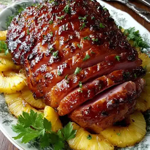 Delicious brown sugar bourbon pineapple glazed ham dish.