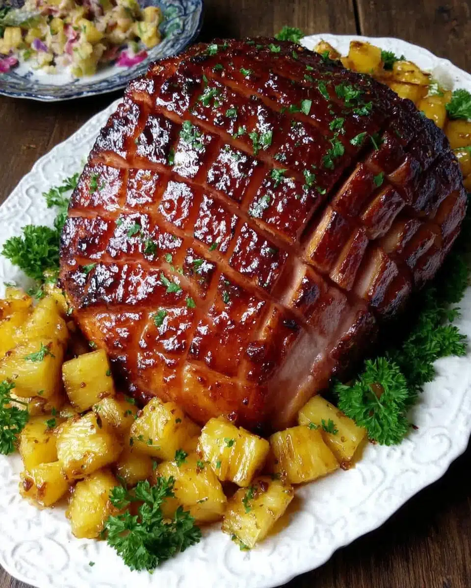 Brown sugar bourbon pineapple glazed ham, a festive dish.