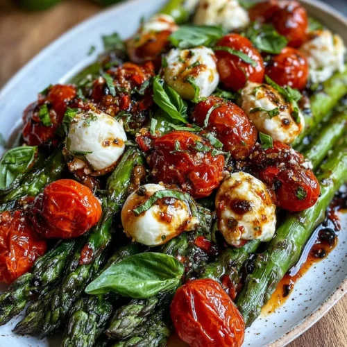 Caprese asparagus dish with tomatoes, mozzarella, and basil.