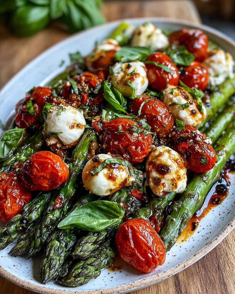 Caprese asparagus dish with tomatoes, mozzarella, and basil.