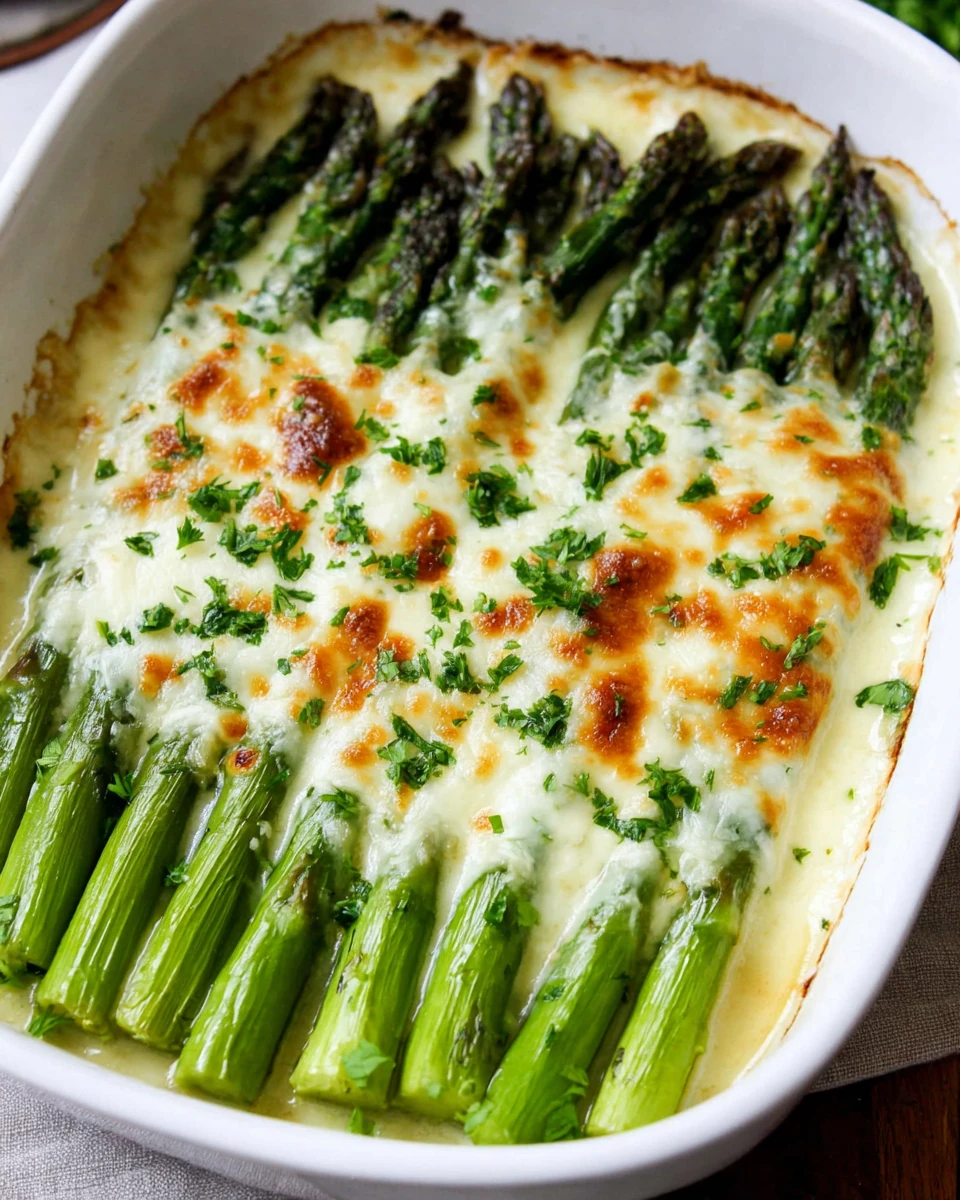 Cheesy baked asparagus dish with rich cheese topping.