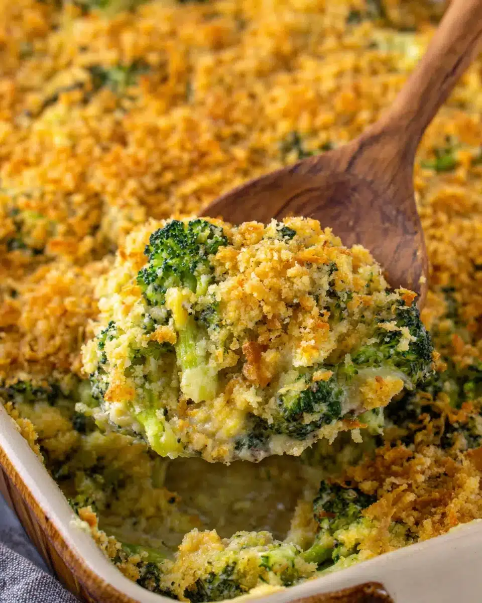 Delicious cheesy broccoli casserole with crunchy topping