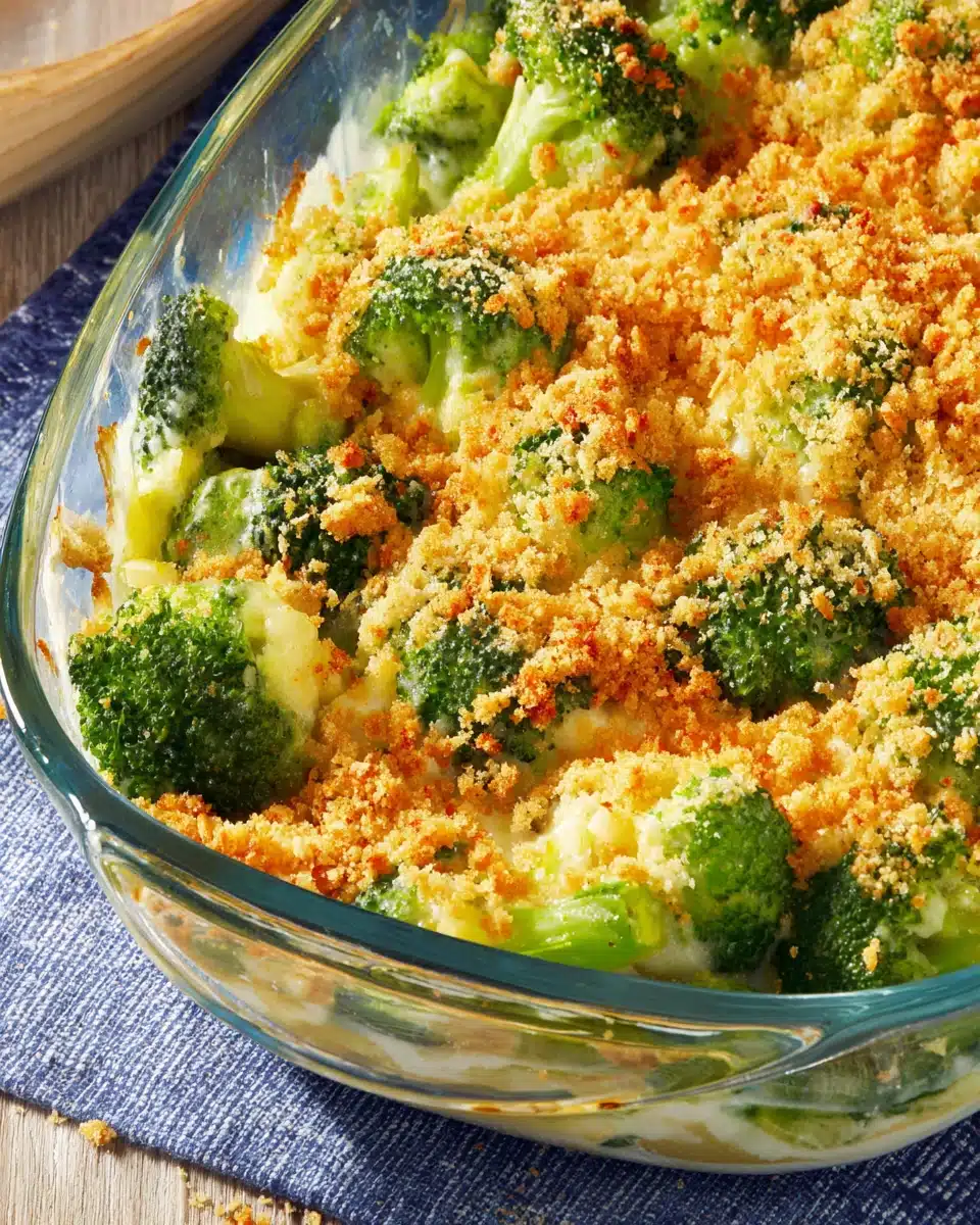 Cheesy broccoli casserole with a crispy topping, perfect family meal.
