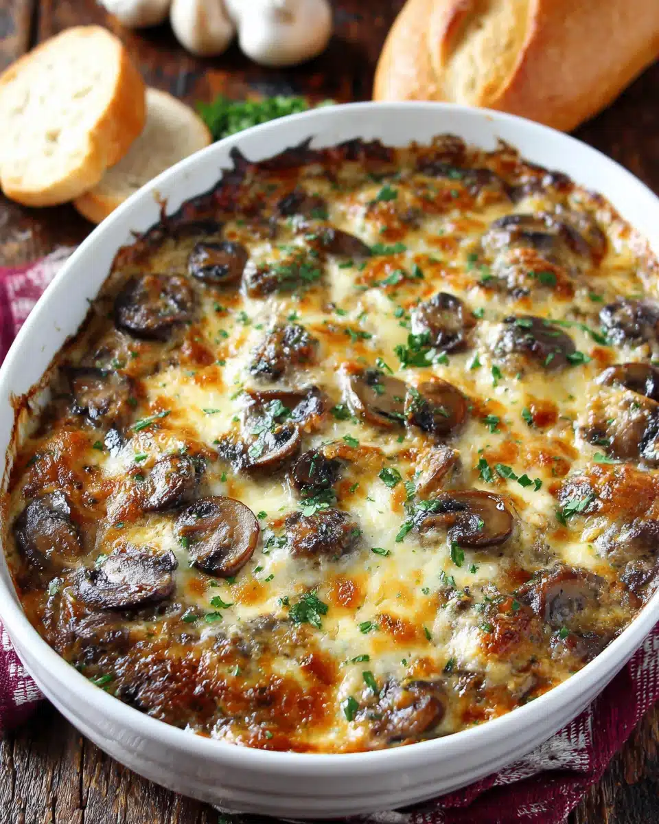 Cheesy Mushroom Casserole Recipe Cheesy mushroom casserole with melted Gruyere cheese.