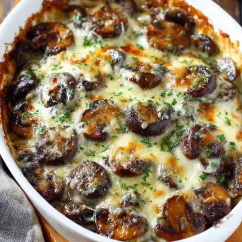 Cheesy Mushroom Casserole: A Comforting Delight 1 Cheesy mushroom casserole with melty cheese and mushrooms