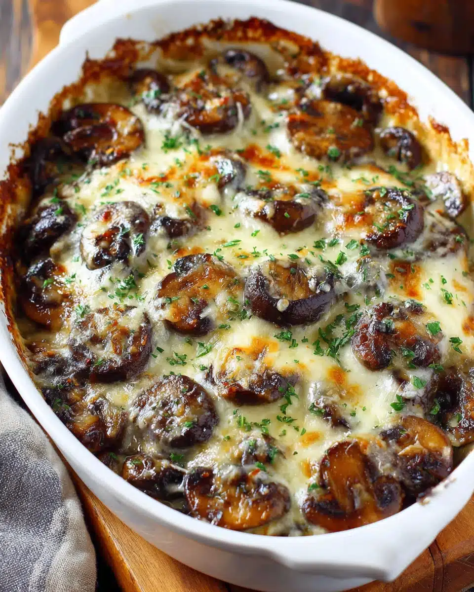 Cheesy Mushroom Casserole Delight Cheesy mushroom casserole with melty cheese and mushrooms