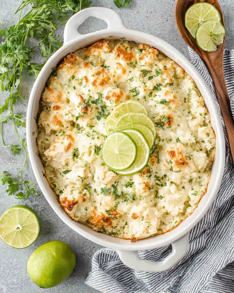 Delicious Chicken Cauliflower Rice Casserole Creamy chicken cauliflower rice casserole for a healthy dinner.